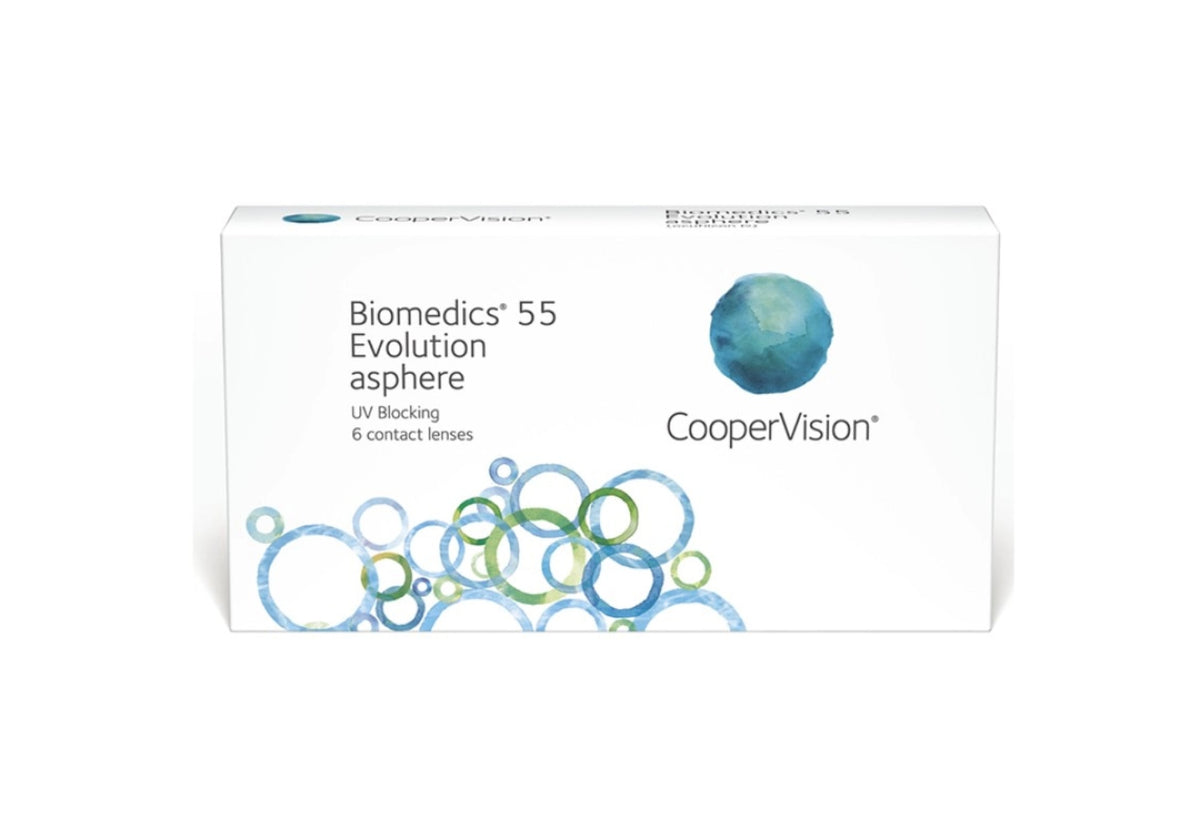 CooperVision Biomedics 55 Evolution asphere contact lens box, featuring a white background with blue and green watercolor circle graphics and a blue globe logo.