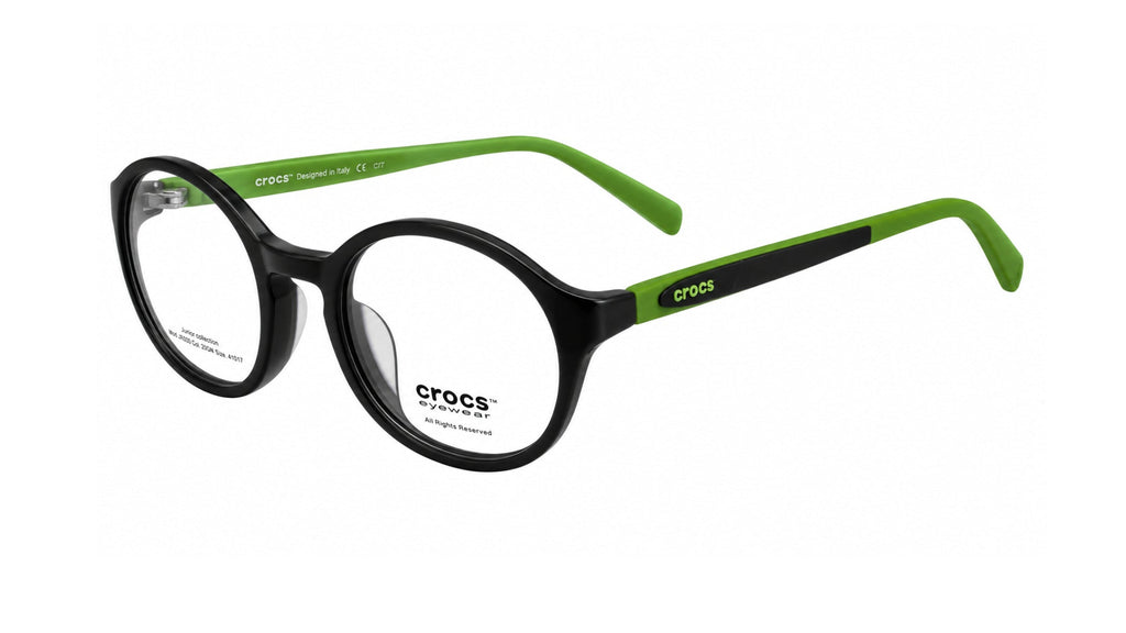 Crocs round eyeglasses with a black acetate frame and bright green temple tips, shown on a plain white background.