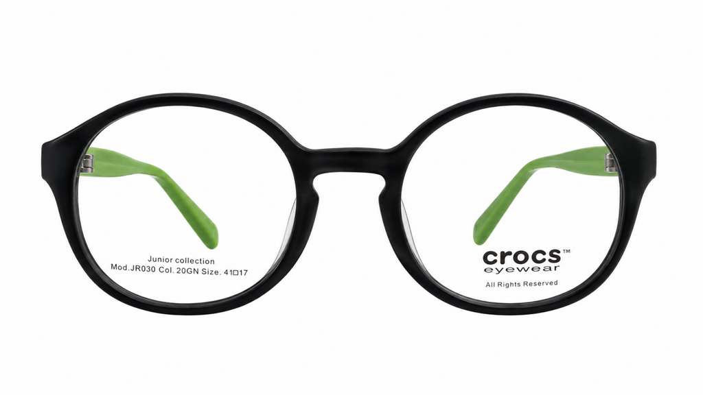 Crocs round eyeglasses in black acetate with bright green inner temple arms, shown from the front on a white background.