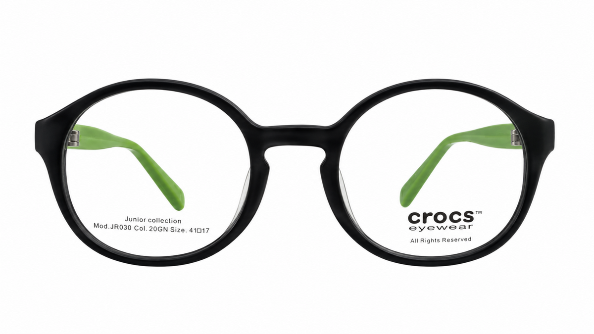 Crocs round eyeglasses in black acetate with bright green inner temple arms, shown from the front on a white background.
