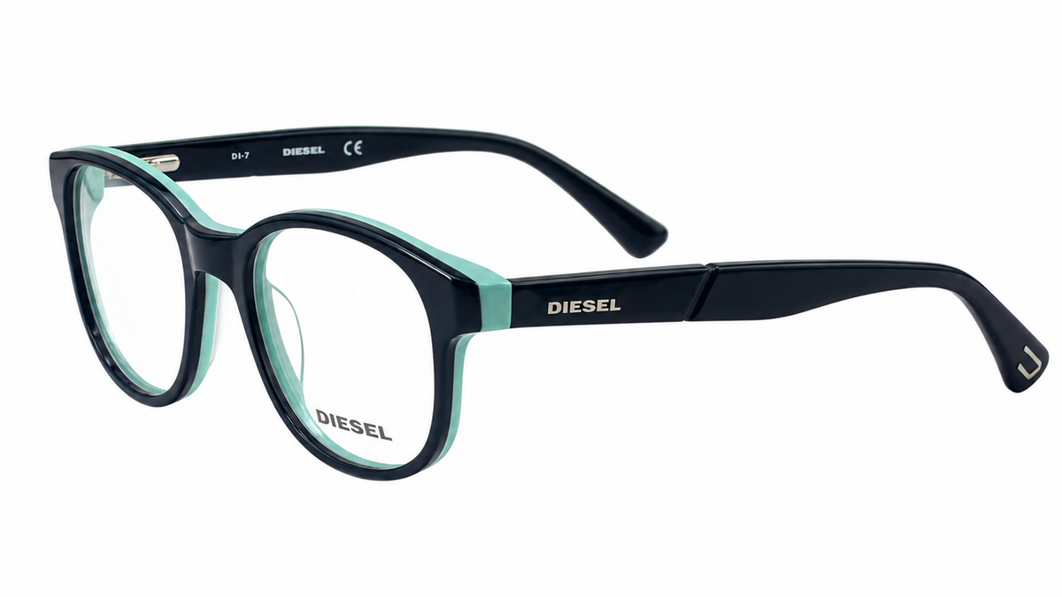 Diesel eyeglasses featuring a black acetate frame with a mint green accent stripe along the front, clear lenses, and black temples with white DIESEL branding.