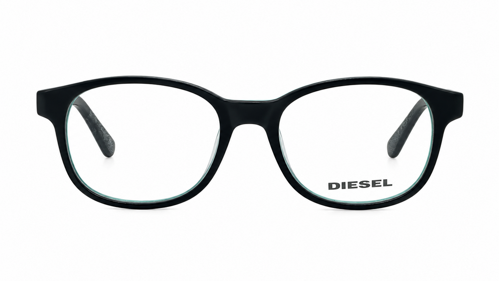 Black round eyeglass frames with clear lenses and the DIESEL logo printed on the lower right lens, shown against a plain white background.