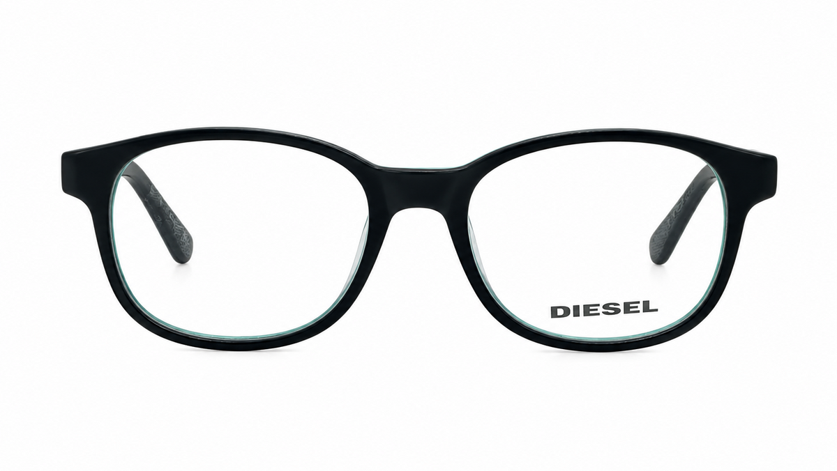 Black round eyeglass frames with clear lenses and the DIESEL logo printed on the lower right lens, shown against a plain white background.