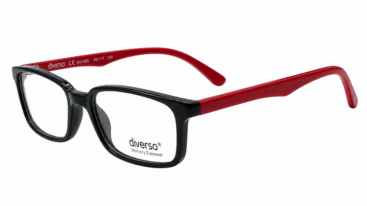 Diverso eyeglasses featuring a black acetate front frame and vibrant red temples, shown on a clean white background.