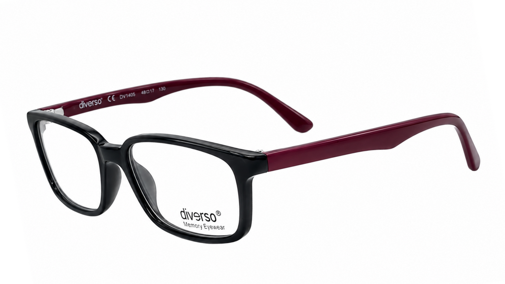 A pair of Divisda eyeglasses featuring a black acetate front frame and burgundy temples, shown on a plain white background.