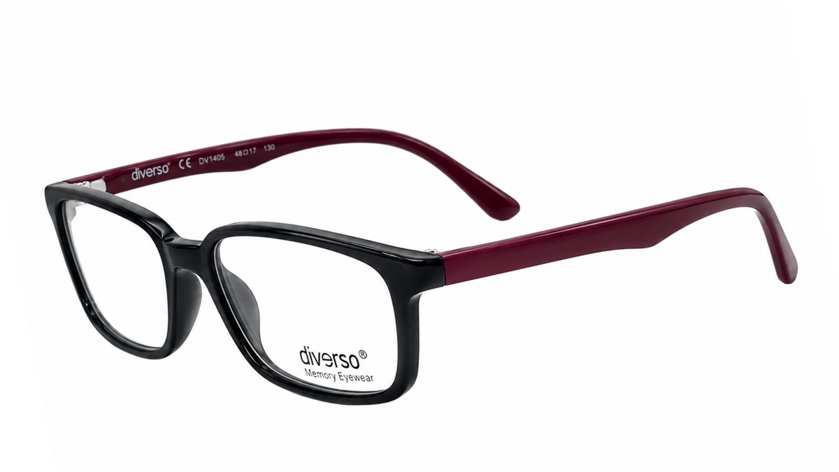 A pair of Divisda eyeglasses featuring a black acetate front frame and burgundy temples, shown on a plain white background.