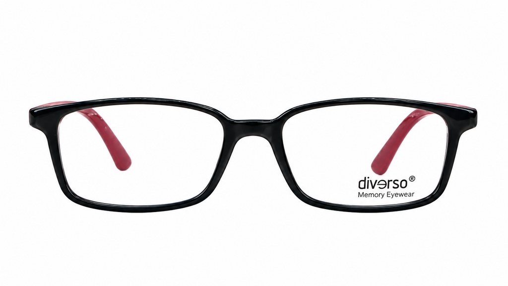 Black rectangular eyeglass frames with red inner temple arms, shown from the front on a white background. The brand name 'diverso Memory Eyewear' is printed on the lower right corner of the right lens.