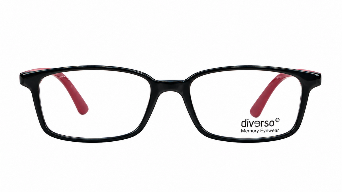 Black rectangular eyeglass frames with red inner temple arms, shown from the front on a white background. The brand name 'diverso Memory Eyewear' is printed on the lower right corner of the right lens.