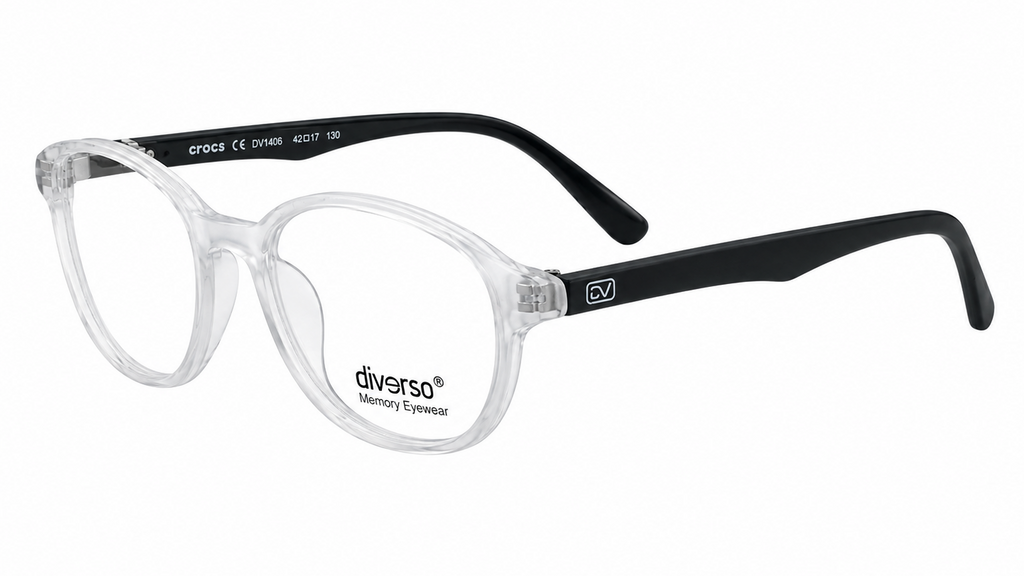 Clear and black Diverso eyeglasses with a transparent acetate frame and black temples, shown on a plain white background.