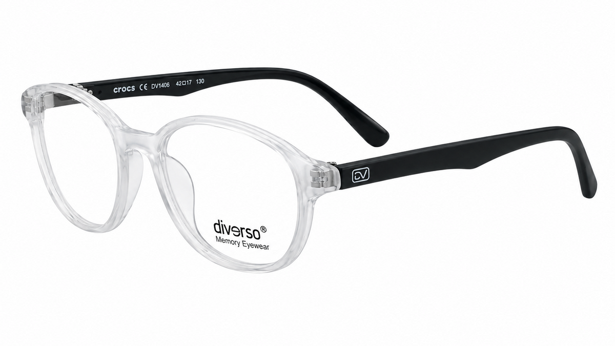 Clear and black Diverso eyeglasses with a transparent acetate frame and black temples, shown on a plain white background.