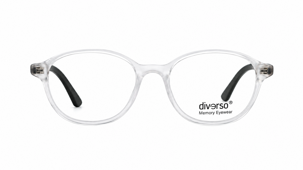 Clear translucent eyeglass frames with black temple tips and the 'diverso Memory Eyewear' logo printed on the lower right lens, shown against a plain white background.