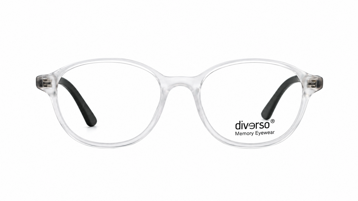 Clear translucent eyeglass frames with black temple tips and the 'diverso Memory Eyewear' logo printed on the lower right lens, shown against a plain white background.