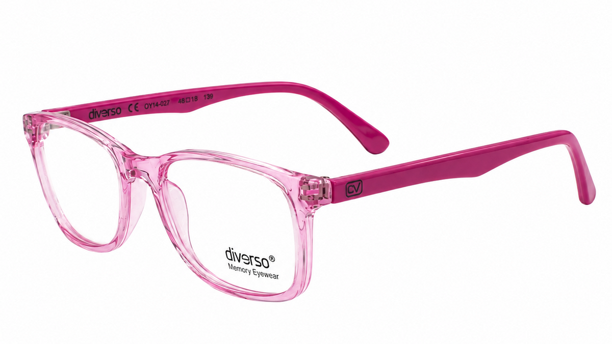 Pink translucent plastic eyeglass frames with magenta temples, featuring the 'diverso Memory & Glasses' brand logo on the lower left lens and inner temple arm, shown against a plain white background.