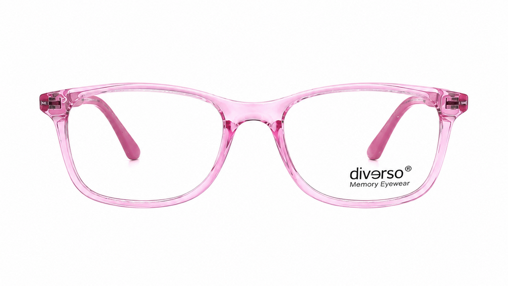 Pink translucent rectangular eyeglass frames with clear lenses and the 'diverso Memory Eyewear' logo printed on the lower right lens, shown against a plain white background.