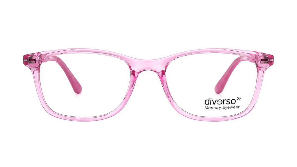 Pink translucent rectangular eyeglass frames with clear lenses and the 'diverso Memory Eyewear' logo printed on the lower right lens, shown against a plain white background.
