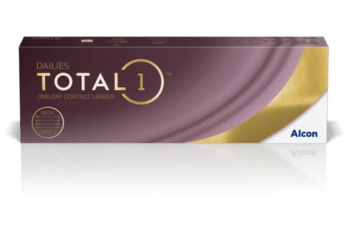 Box of Dailies Total 1 contact lenses with Alcon branding on a white background