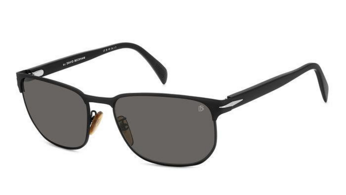 A pair of black rectangular sunglasses with dark gray lenses, shown at a three-quarter angle on a plain white background.