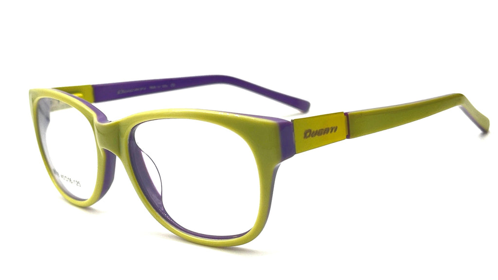 A pair of Ducaty brand eyeglasses featuring a lime green and purple color-blocked frame, shown on a clean white background.