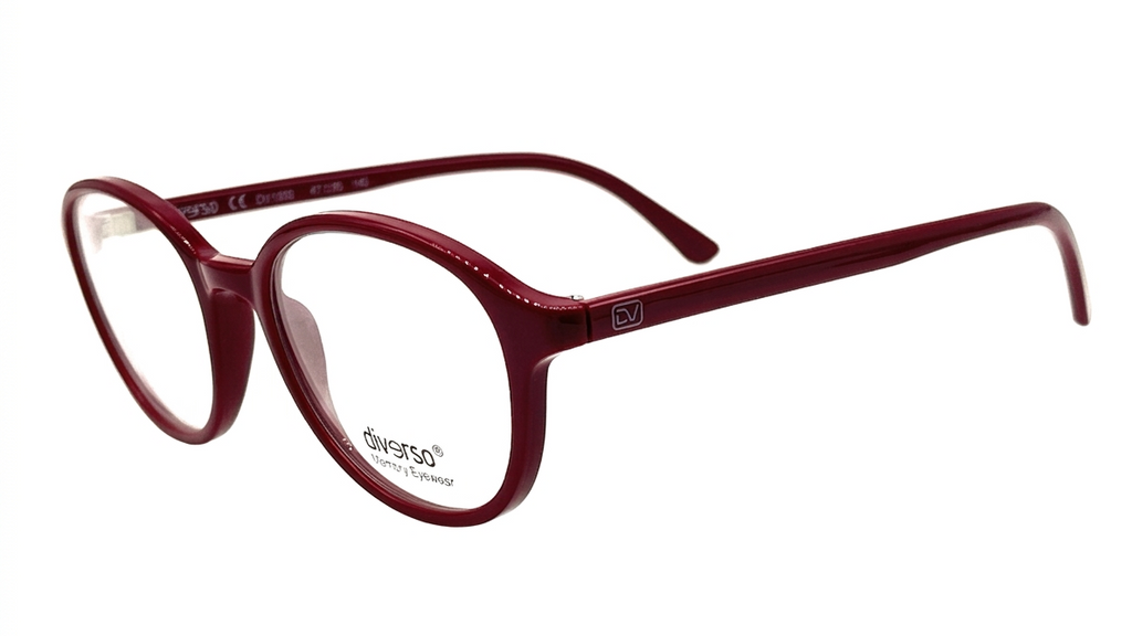 A pair of round eyeglasses with a glossy dark red acetate frame, featuring clear lenses and the 'diverso' brand name printed on the lower left lens, set against a plain white background.