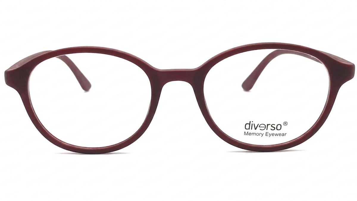 Oval eyeglasses with a translucent burgundy frame and clear lenses, featuring the 'diverso Memory Eyewear' logo on the lower right frame, set against a plain white background.