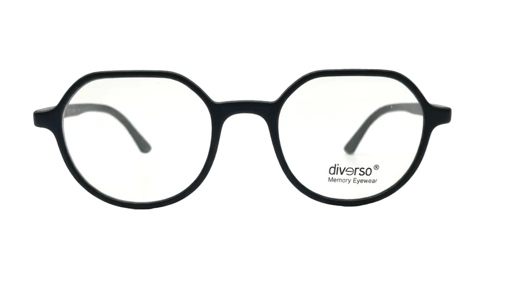 Black round eyeglass frames with clear lenses, featuring the 'diverso Memory Eyewear' logo printed on the lower right lens, set against a plain white background.