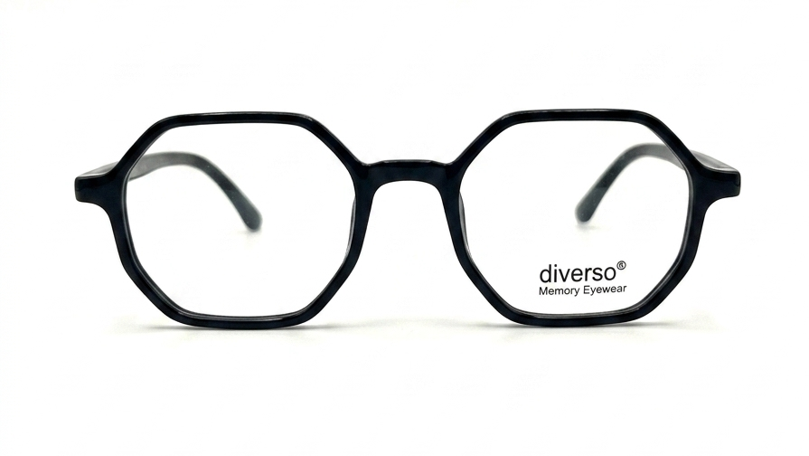 Black octagonal eyeglass frames with clear lenses, featuring the 'diverso Memory Synergy' logo on the lower right frame, set against a plain white background.