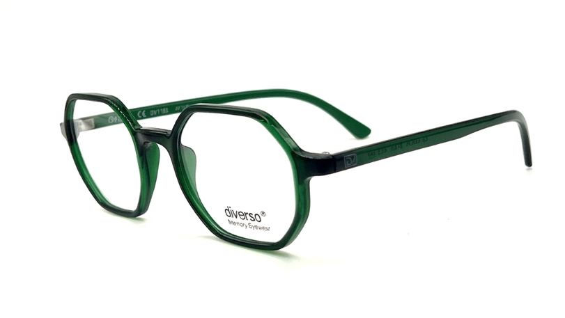Green acetate eyeglasses with a thick, rounded geometric frame and slim temples, shown on a plain white background.