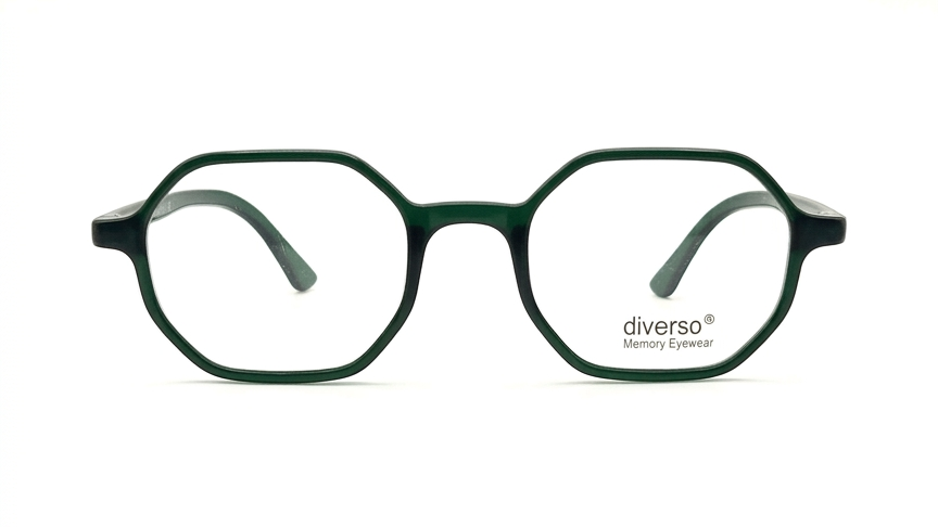 Dark green octagonal eyeglass frames with clear lenses and the 'diverso' brand name printed on the lower right lens, shown against a plain white background.