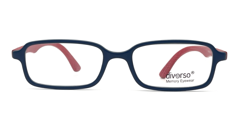 A pair of rectangular eyeglass frames in dark navy blue with translucent pink inner temple arms, shown from the front on a white background. The brand name 'diverso Memory Eyewear' is printed on the lower right corner of the frame.