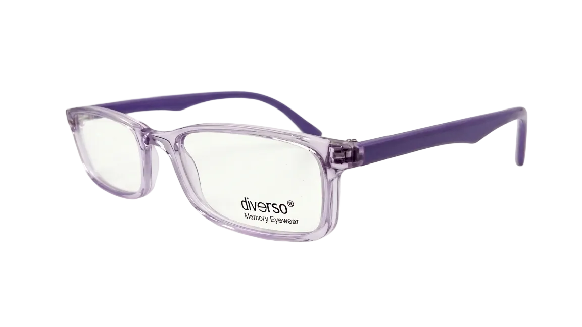 A pair of rectangular eyeglasses with translucent light purple frames and solid purple temples, featuring the 'Diverso Memory Eyewear' brand logo on the lower right lens, set against a clean white background.