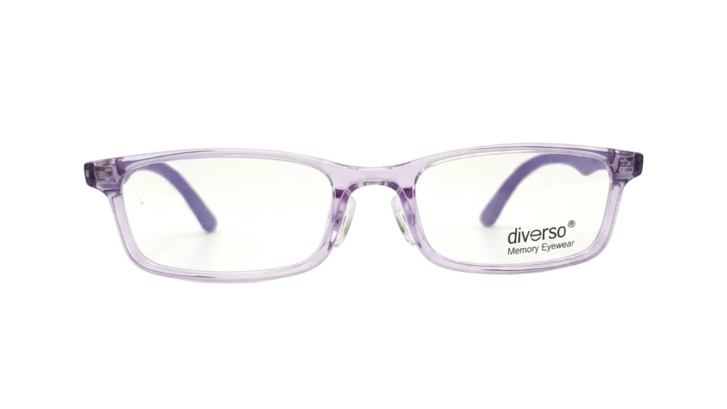 A pair of rectangular eyeglasses with a translucent light purple frame and clear lenses, featuring the 'diverso Memory Eyewear' logo on the lower right lens, set against a plain white background.