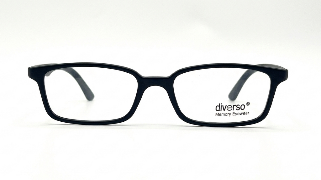Black rectangular eyeglass frames with clear lenses, featuring the 'diverso Memory Eyewear' logo on the right lens, set against a plain white background.