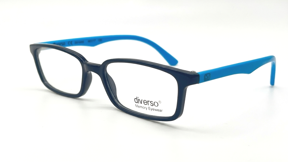 A pair of rectangular eyeglasses with a dark navy blue front frame and bright blue temples, shown on a clean white background. The brand name 'diverso Memory Eyewear' is printed on the lower right lens.