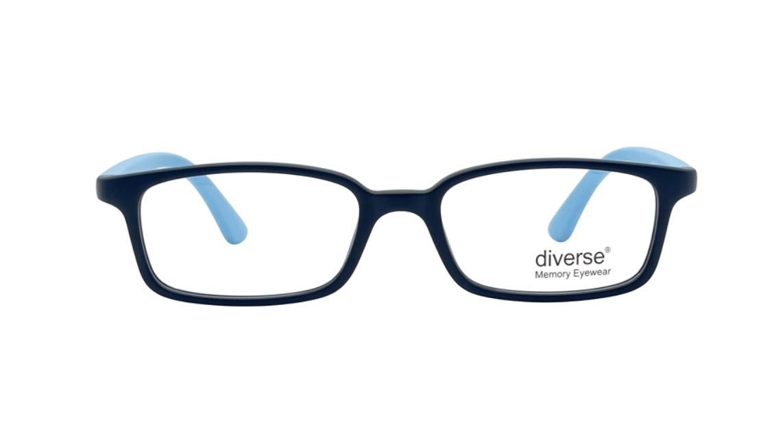 A pair of rectangular eyeglasses with a dark navy blue frame and light blue temple tips, shown from the front on a plain white background. The brand name 'diverse eyewear & accessories' is printed on the lower right corner of the right lens.