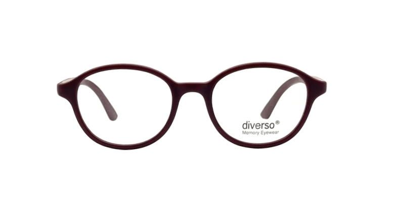 Oval eyeglasses with a dark burgundy frame and clear lenses, featuring the 'diverso Memory Eyewear' branding on the lower right lens, set against a plain white background.