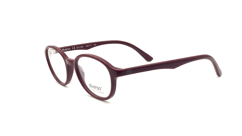 A pair of eyeglasses with a dark burgundy acetate frame, shown from a side angle against a plain white background.