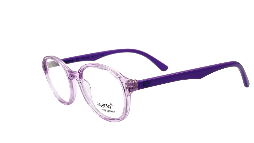 Oversized oval eyeglasses with translucent light purple frames and solid purple temples, shown on a plain white background.