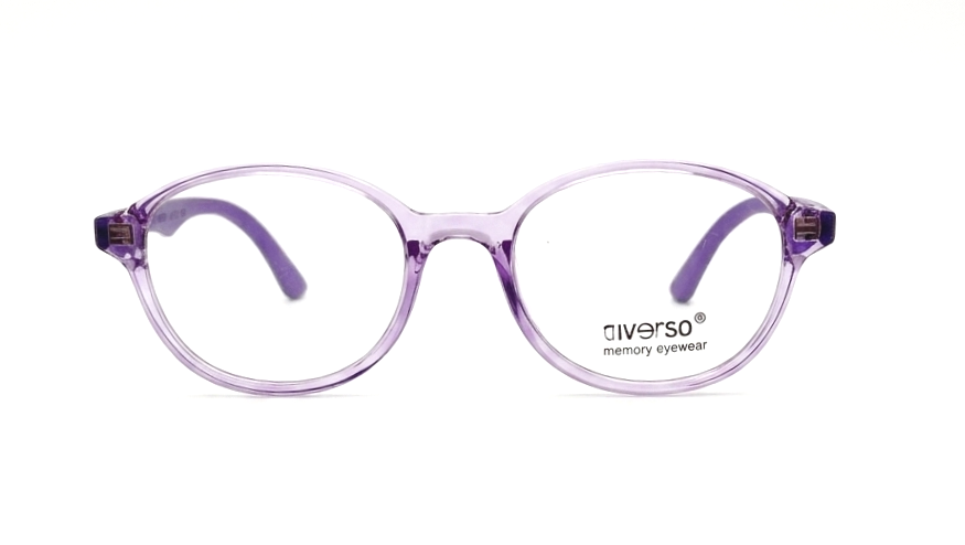A pair of oval eyeglasses with translucent light purple frames and matching purple temple tips, featuring the 'diverso memory eyewear' logo on the lower right frame, set against a plain white background.
