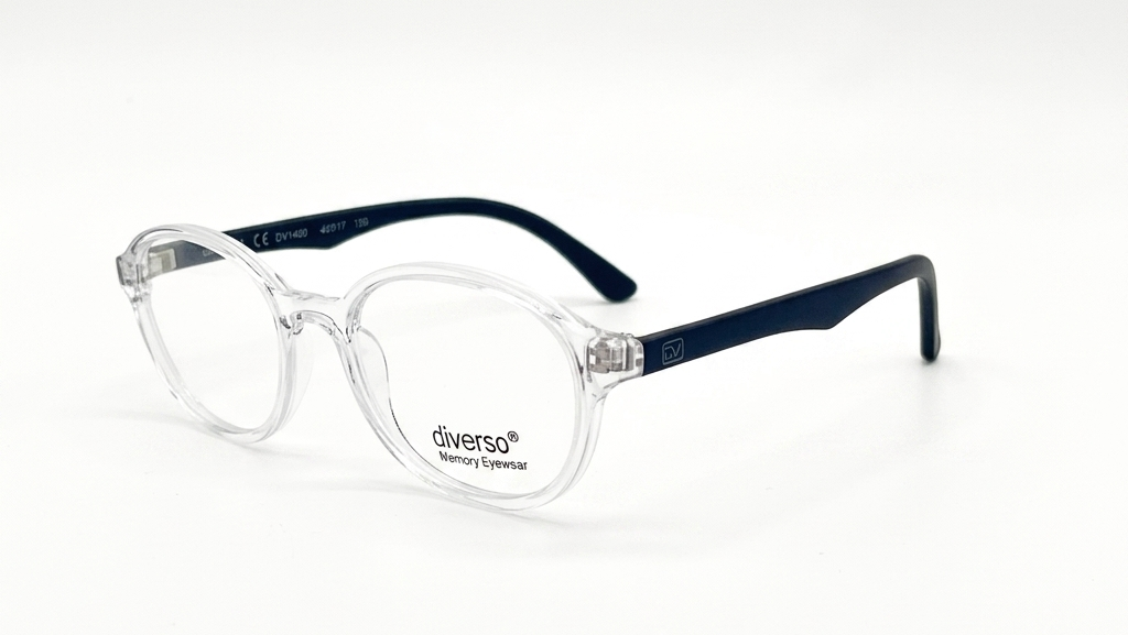 A pair of round-frame eyeglasses with clear transparent frames and dark navy blue temples, shown on a clean white background. The brand name 'diverso' is printed on the lower left lens.