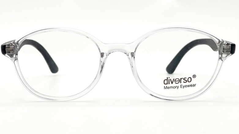 Clear round eyeglass frames with black temple tips and the 'diverso Memory Eyewear' logo printed on the lower right lens, shown against a white background.