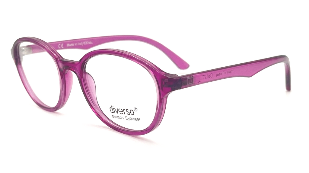 A pair of oval eyeglasses with translucent purple frames and clear lenses, shown on a clean white background. The brand name 'diverso' is printed on the lower part of the lens.