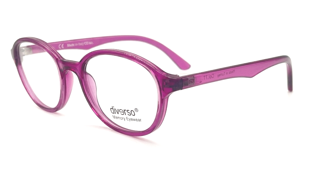 A pair of oval eyeglasses with translucent purple frames and clear lenses, shown on a clean white background. The brand name 'diverso' is printed on the lower part of the lens.