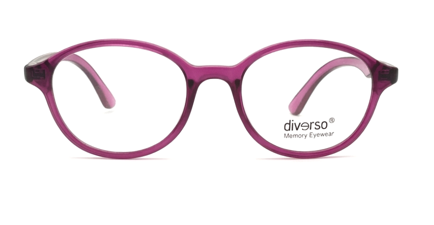 A pair of oval eyeglasses with translucent purple frames and clear lenses, featuring the 'diverso Memory Eyewear' logo on the lower right lens, set against a plain white background.