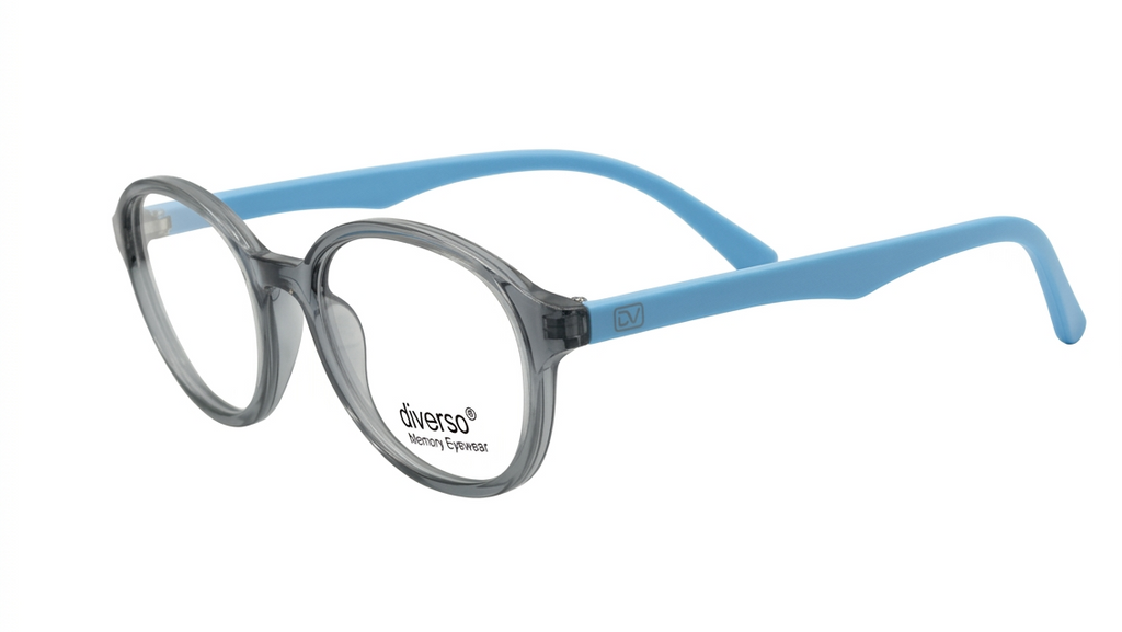 A pair of children's round eyeglasses with translucent gray frames and light blue temples, shown on a plain white background.