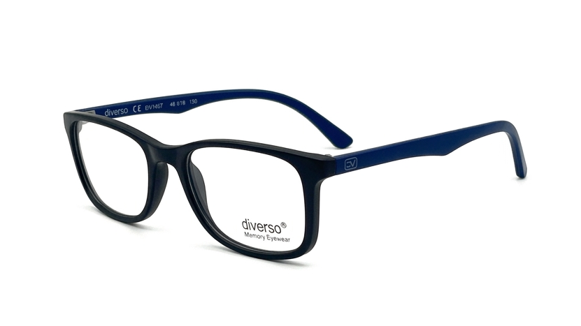 A pair of square-frame eyeglasses with a black front and navy blue temples, shown on a clean white background. The brand name 'diveno' is visible on the lower left corner of the frame.