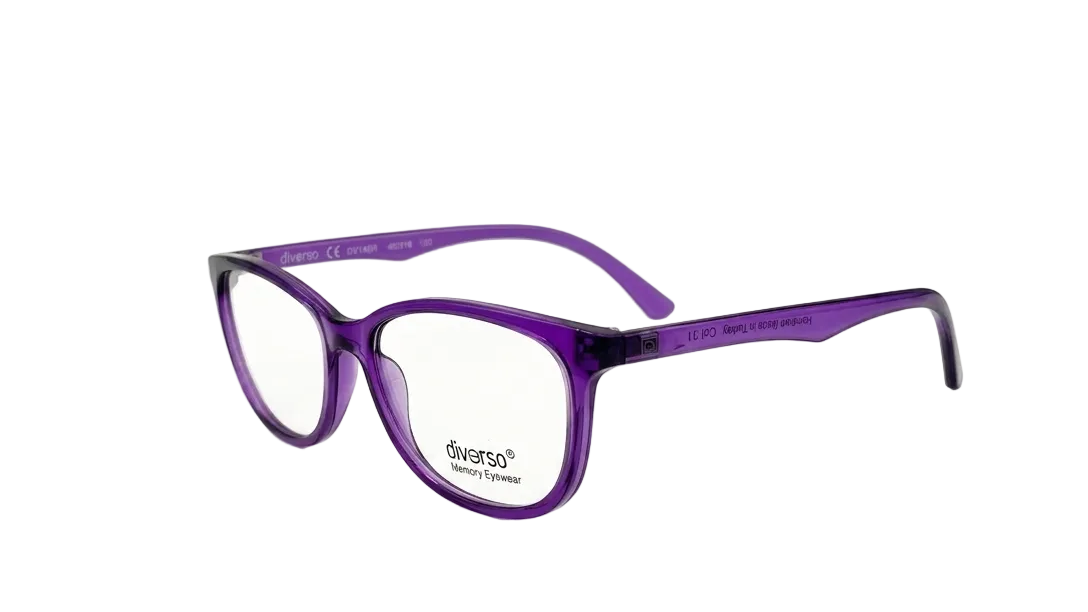 Diverso eyeglasses in translucent purple acetate with clear lenses, shown at a three-quarter angle on a white background.