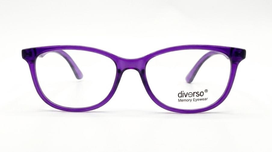 A pair of translucent purple eyeglass frames with clear lenses, featuring the 'diverso Memory Eyewear' logo on the lower right frame, set against a plain white background.