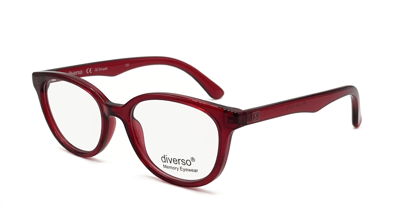 A pair of Diverso eyeglasses with a translucent dark red acetate frame and clear lenses, shown from a three-quarters angle on a white background.