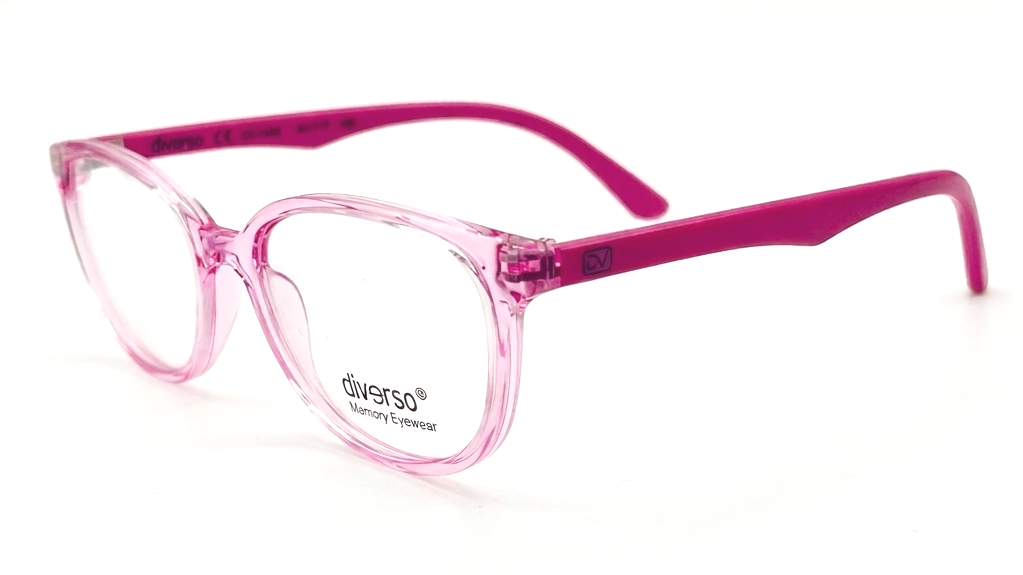 Pink translucent acetate eyeglass frames with magenta temples, featuring the 'diverso' brand logo on the lower left lens, set against a clean white background.
