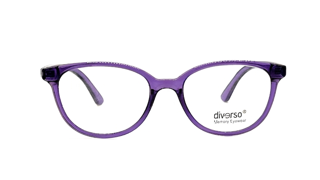 A pair of round-frame eyeglasses with a translucent purple acetate frame and clear lenses, featuring the 'divano' brand logo on the lower right frame, set against a plain white background.